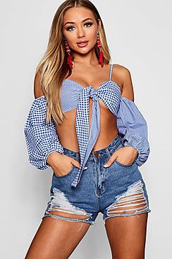 Boohoo Aubrey Mixed Gingham Tie Front Bardot Crop