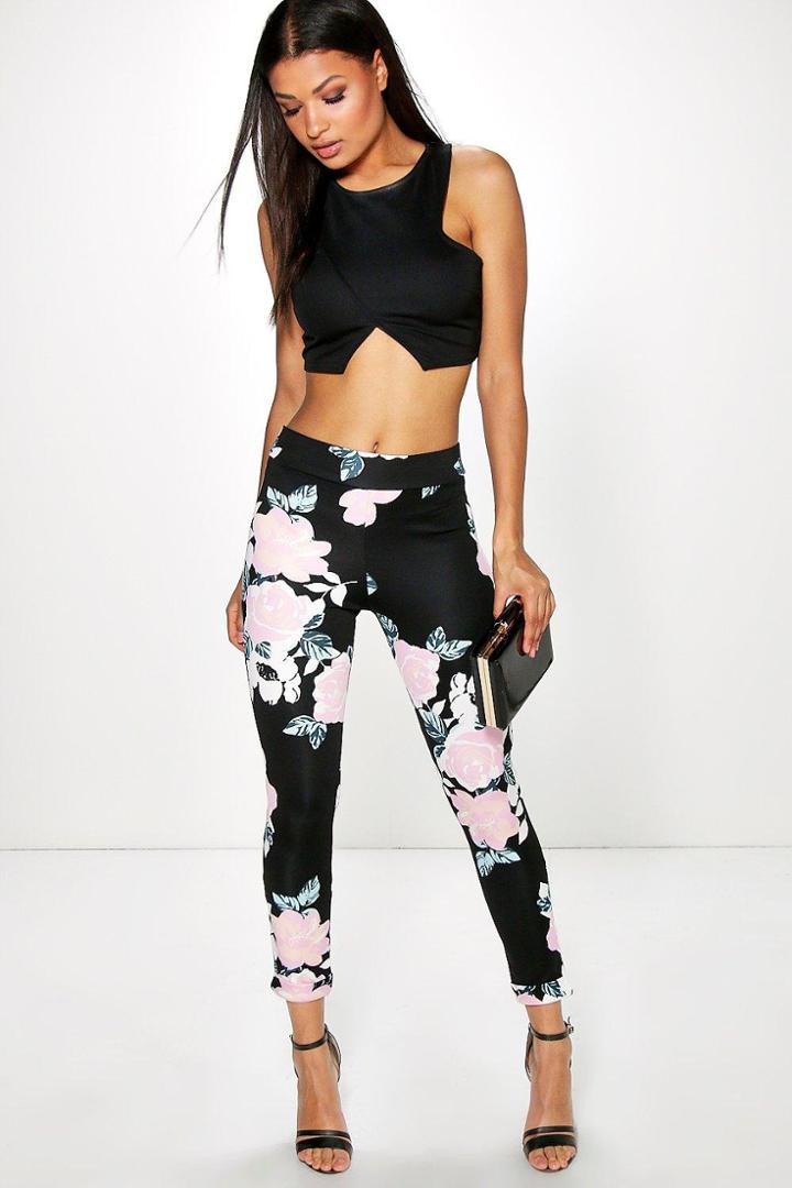 Boohoo Remi Large Floral Scuba Skinny Trousers Black