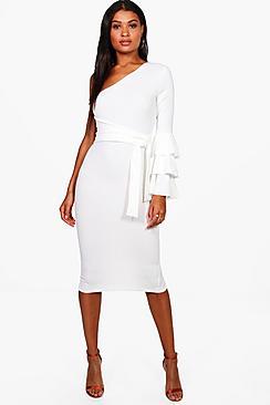 Boohoo One Shoulder Frill Tiered Midi Bodycon Dress