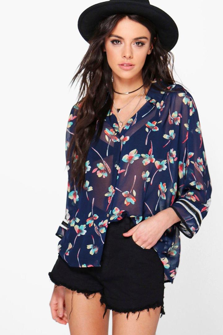 Boohoo Jenny Printed Blouse Navy