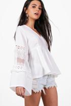 Boohoo Lucy Lattice Front Bell Sleeve Top Ivory