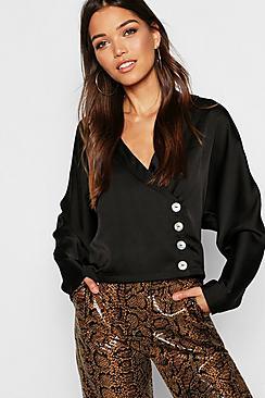 Boohoo Satin Asymmetric Button Through Revere Shirt