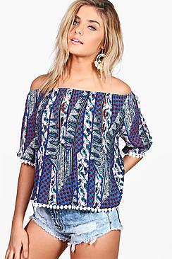 Boohoo Hannah Printed Off The Shoulder Top