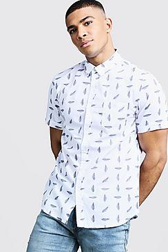 Boohoo Feather Print Short Sleeve Cotton Shirt