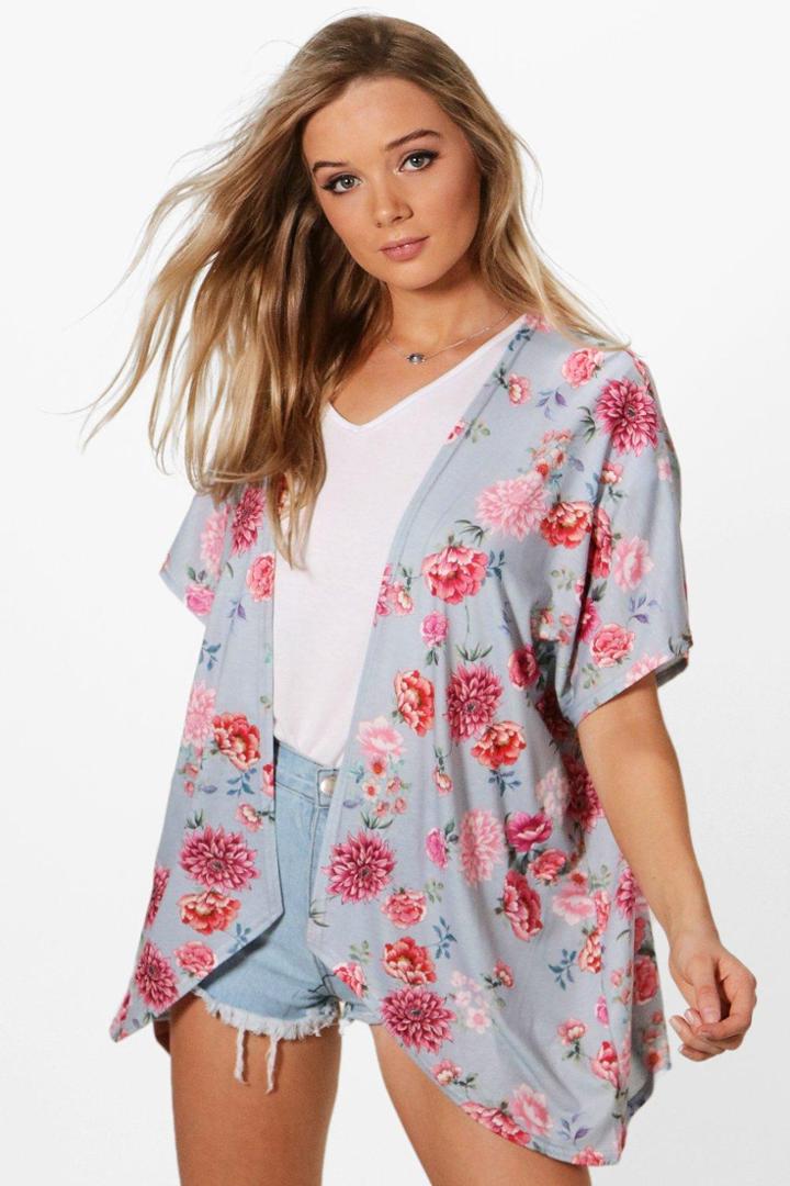 Boohoo Kate Floral Print Kimono Grey