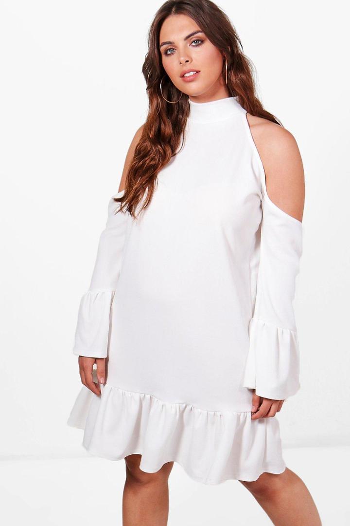 Boohoo Plus Lottie Open Shoulder Frill Shift Dress Ivory