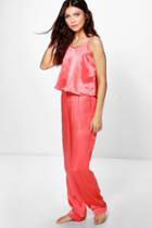 Boohoo Amy Satin Tank Top And Contrast Piping Trouser Night Set Coral