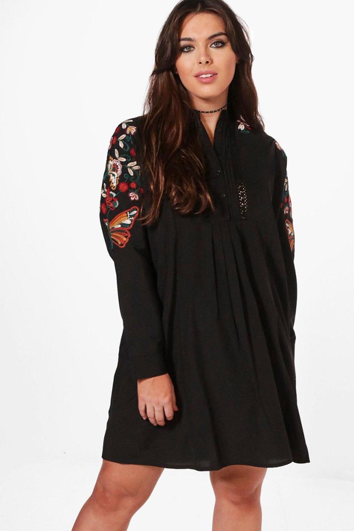 Boohoo Plus Caroline Embroidered Shoulder Dress Black