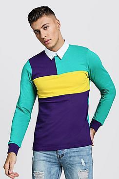 Boohoo Colour Block Long Sleeve Rugby Polo