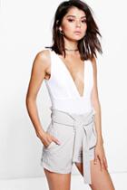 Boohoo Alex Tie Waisted Smart Belted Shorts Stone