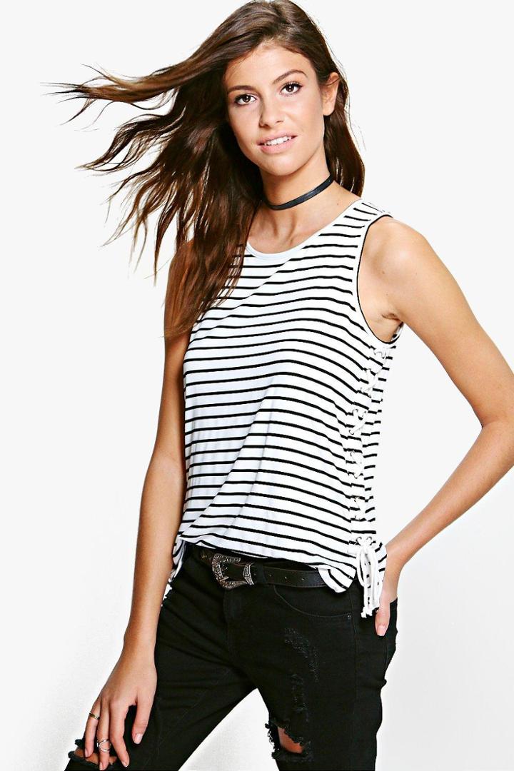 Boohoo Simone Tie Side Stripe Tank Top White