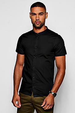 Boohoo Black Slim Fit Short Sleeve Grandad Collar Shirt