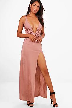 Boohoo Slinky Twist Front Plunge Split Maxi Dress