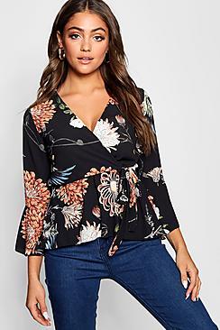 Boohoo Floral Wrap Front Peplum Hem Blouse