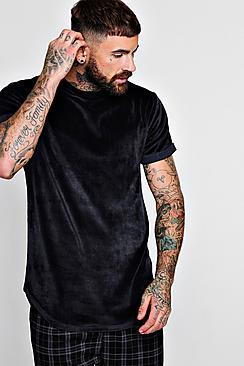 Boohoo Rolled Sleeve Curved Hem Velour T-shirt