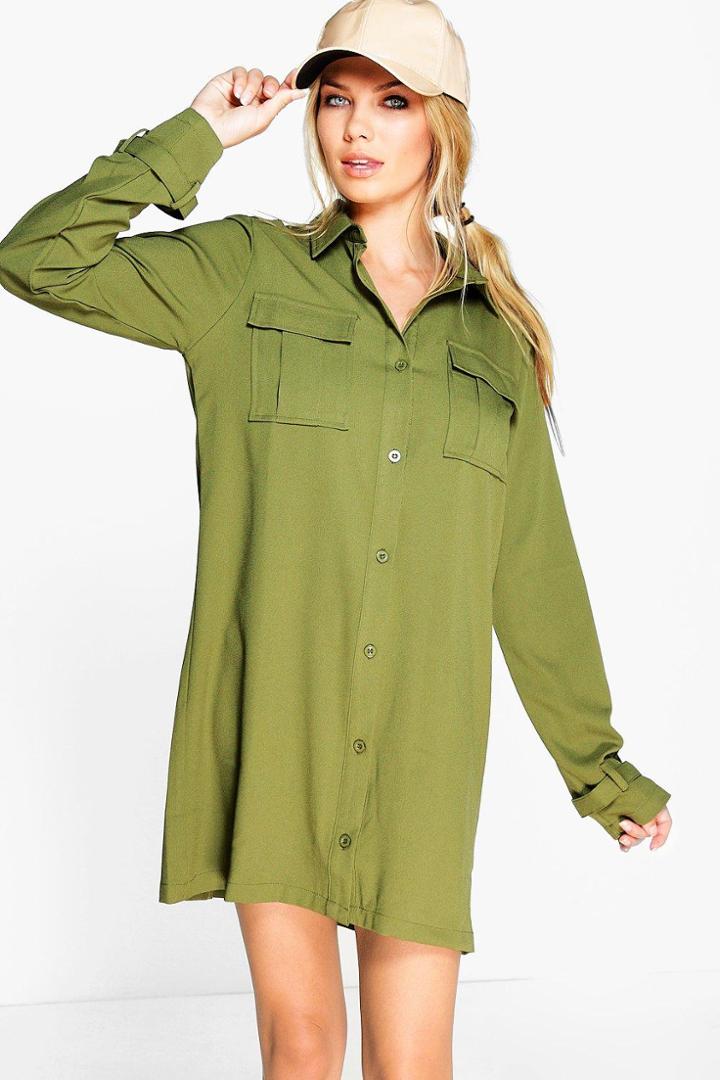Boohoo Sophia Utility Shirt Dress Khaki