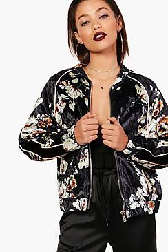Boohoo Jodie Floral Printed Velvet Bomber Jacket