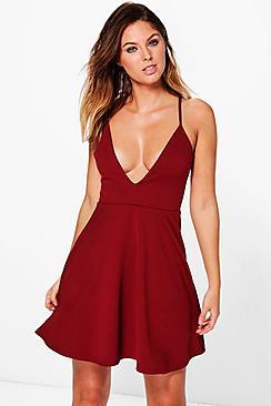 Boohoo Belinda Plunge Neck Strappy Skater Dress
