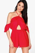 Boohoo Katie Open Shoulder Cut Front Woven Playsuit