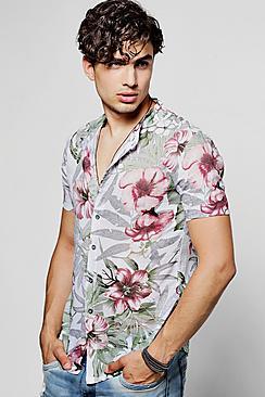 Boohoo Short Sleeve Floral Grandad Collar Shirt