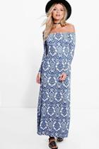 Boohoo Ria Paisley Off Shoulder Flared Sleeve Maxi Dress Blue