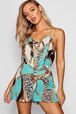 Boohoo Toria Chain Print Lace Up Beach Playsuit
