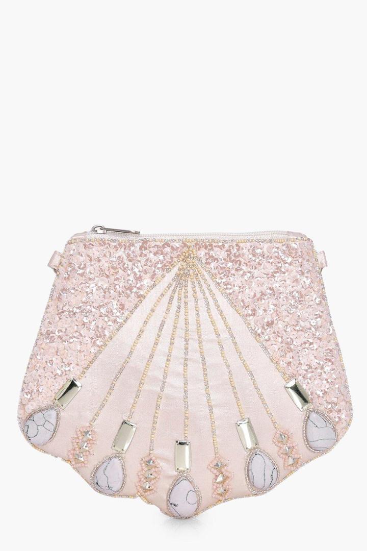 Boohoo Ivy Boutique Shell Beaded Clutch Blush