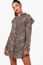 Boohoo Krista Leopard Print Ruffle Shirt Dress