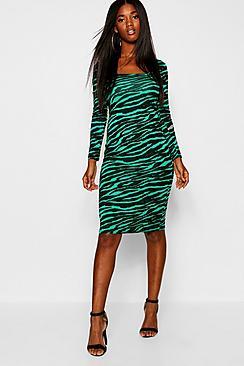 Boohoo Emerald Tiger Square Neck Bodycon Midi Dress