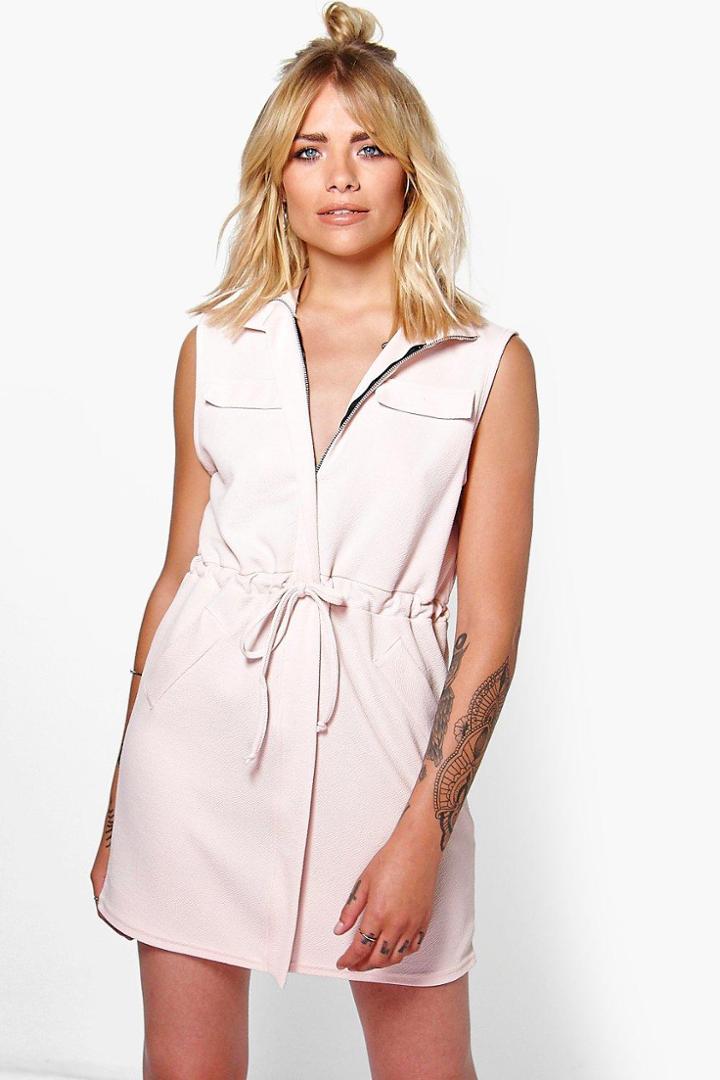 Boohoo Grace Utility Zip Front Shirt Dress Nude