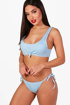 Boohoo Lauren Jacquard Stripe Knotted Crop Bikini