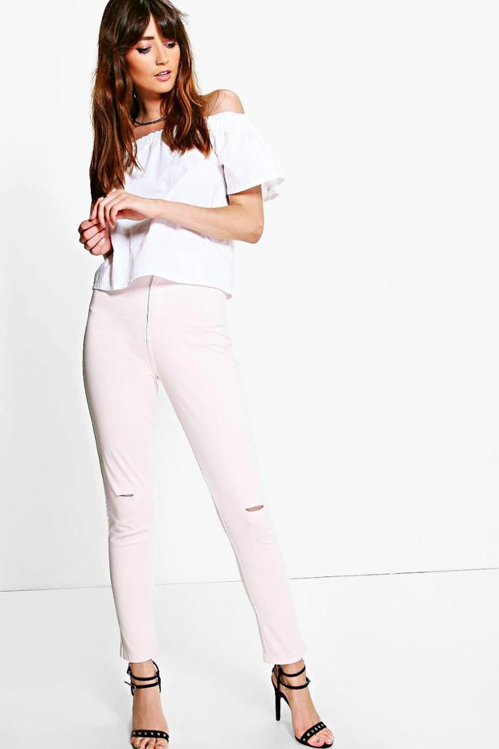 Boohoo Lara High Rise Knee Rip Tube Jeans Nude