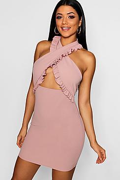 Boohoo Ruffle Cross Over Cut Out Bodycon Dress
