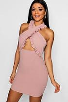 Boohoo Ruffle Cross Over Cut Out Bodycon Dress