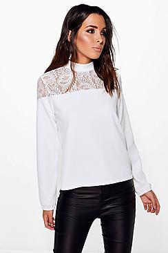 Boohoo Stella Lace Insert Long Sleeve Top