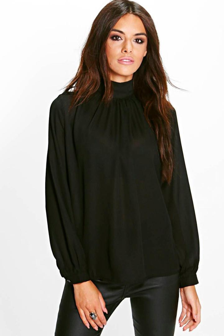 Boohoo Emma Funnel Neck Woven Blouse Black