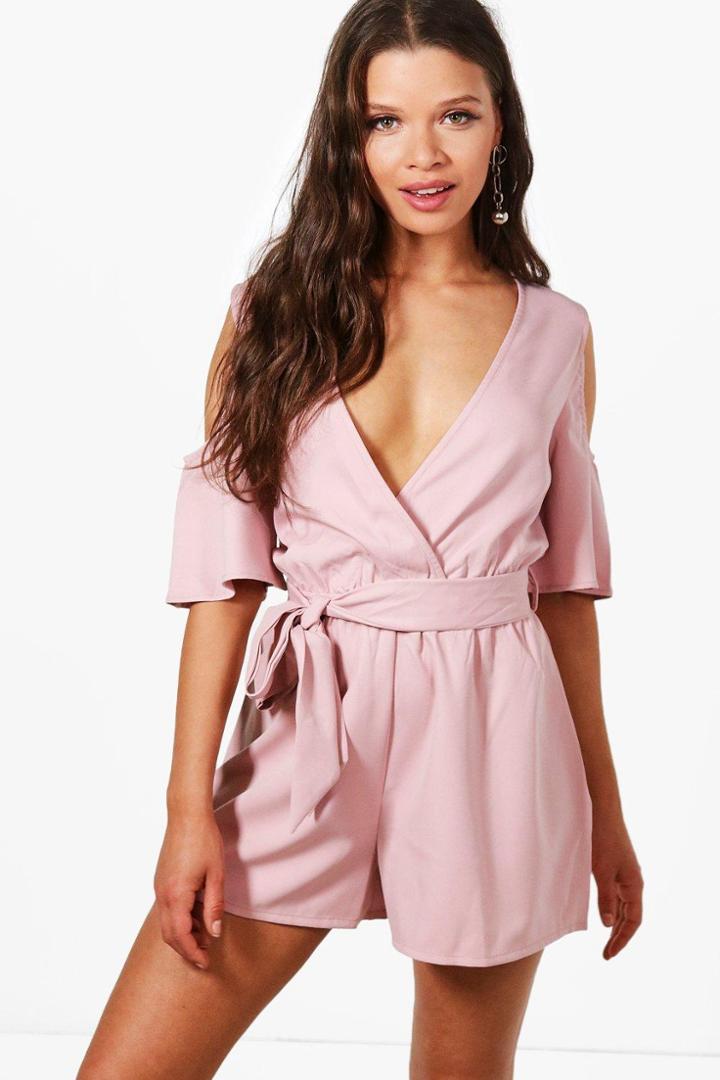 Boohoo Nancy Cold Shoulder Frill Sleeve Playsuit Nude