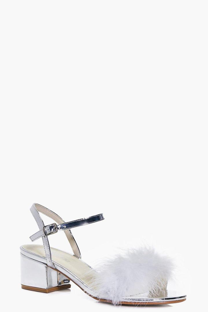 Boohoo Keira Peeptoe Feather Trim Block Heels Silver