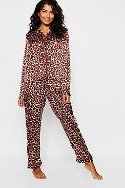 Boohoo Leopard Satin Contrast Button Down Pj Set
