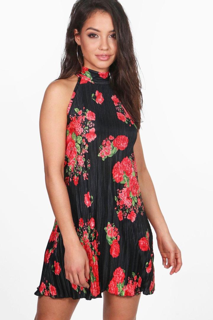 Boohoo Faith Pleat High Neck Floral Swing Dress Black