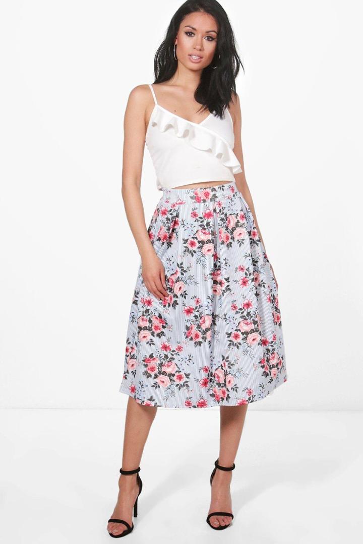 Boohoo Phoebe Striped Floral Box Pleat Skater Skirt Multi