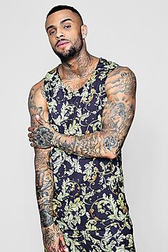 Boohoo Longline Baroque Print Vest With Curve Hem Co-ord