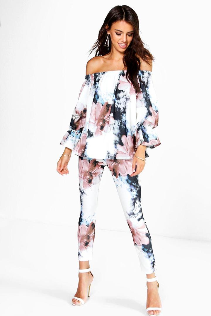 Boohoo Bonnie Floral Off The Shoulder Top + Skinny Trouser Multi