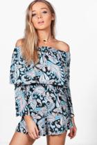 Boohoo Megan Paisley Off The Shoulder Double Frill Playsuit Multi
