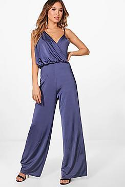Boohoo Drape Asymmetric Shoulder Wide Leg Jumpsuit