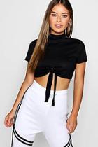 Boohoo Petite Sarah High Neck Ribbed Knot Front Crop Top