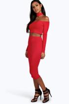 Boohoo Ara Off The Shoulder Top Mini Skirt Co-ord Set Red