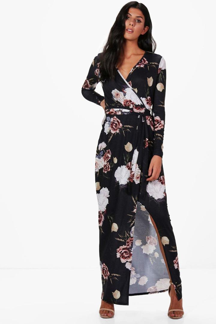 Boohoo Georgiana Floral Wrap Maxi Dress Black