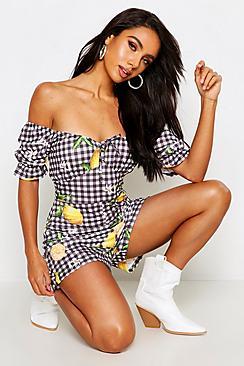 Boohoo Gingham Lemon Rouched Sleeve Playsuit