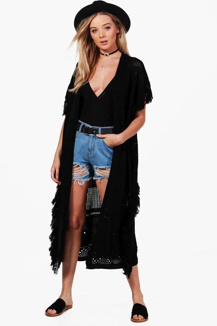 Boohoo Jessica Midi Length Tassel Cape Cardigan Black